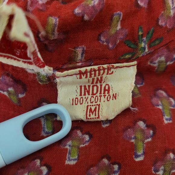 Vintage 70's Bohemian Starina Paris Indian Cotton Sheer Gauze Red Dress Boho M - Picture 12 of 15